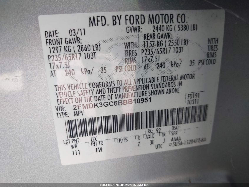 2011 Ford Edge Se VIN: 2FMDK3GC6BBB10951 Lot: 43327878