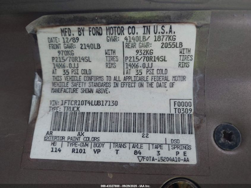 1990 Ford Ranger VIN: 1FTCR10T4LUB17130 Lot: 43327888