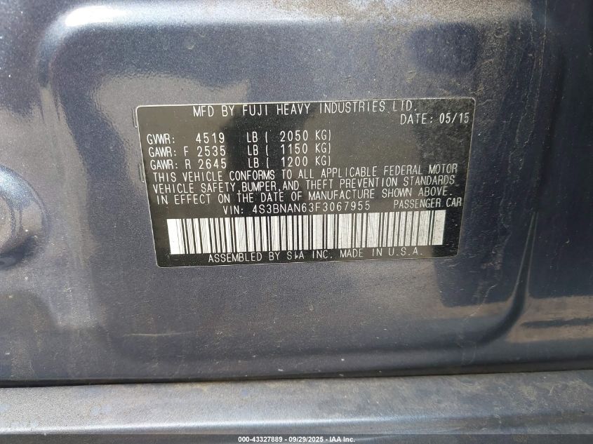 2015 Subaru Legacy 2.5I Limited VIN: 4S3BNAN63F3067955 Lot: 43327889