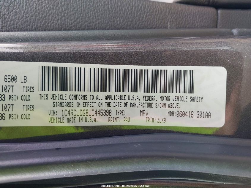 2018 Dodge Durango Gt Awd VIN: 1C4RDJDG8JC445398 Lot: 43327890