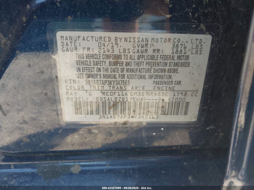 2019 Nissan Sentra S VIN: 3N1AB7AP3KY347563 Lot: 43327899