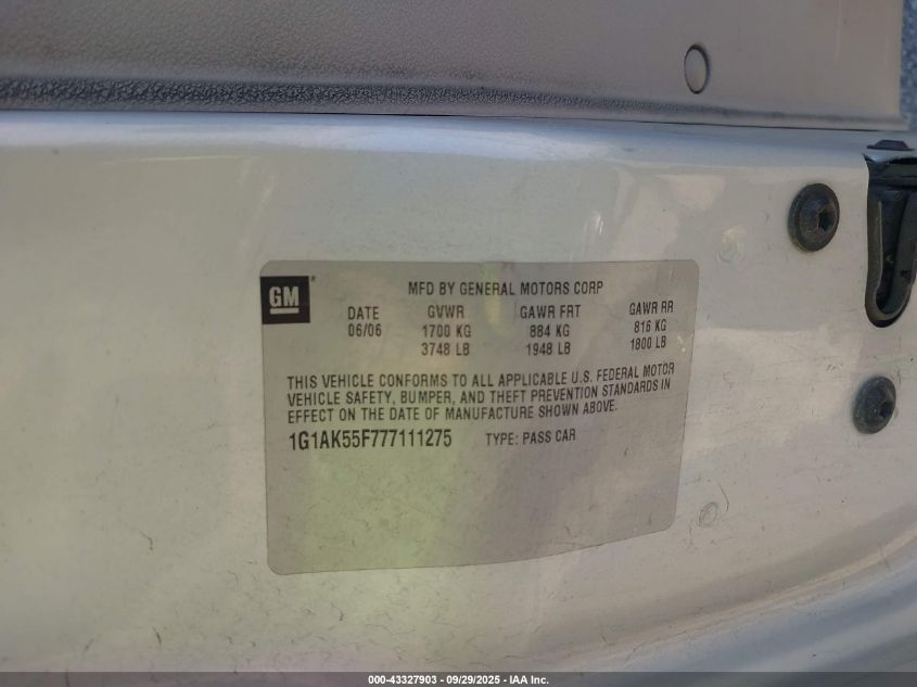 2007 Chevrolet Cobalt Ls VIN: 1G1AK55F777111275 Lot: 43327903