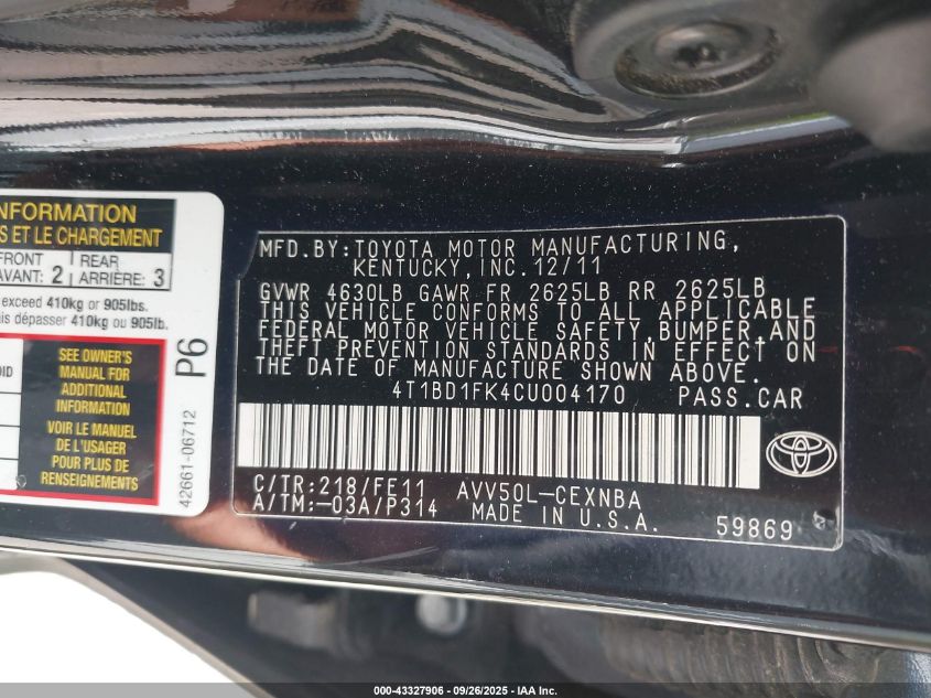 2012 Toyota Camry Hybrid Le VIN: 4T1BD1FK4CU004170 Lot: 43327906