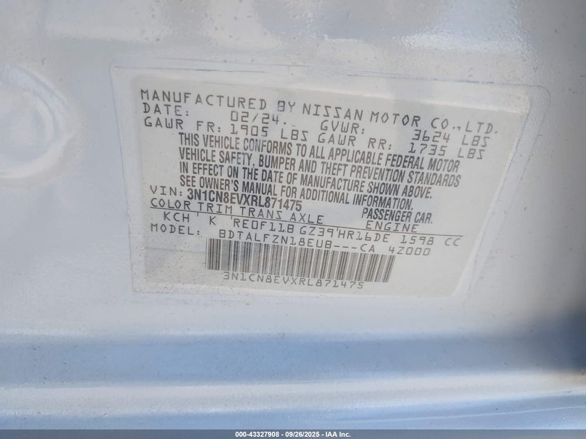 2024 Nissan Versa 1.6 Sv VIN: 3N1CN8EVXRL871475 Lot: 43327908