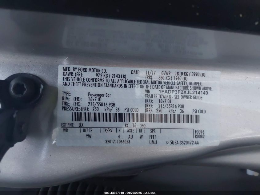 2018 Ford Focus Se VIN: 1FADP3F2XJL214149 Lot: 43327910