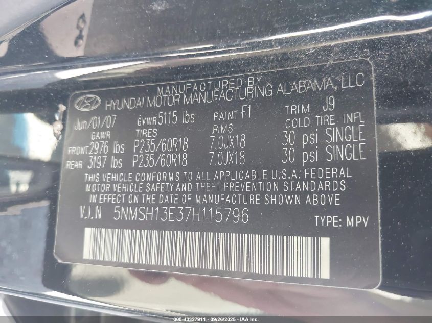2007 Hyundai Santa Fe Limited/Se VIN: 5NMSH13E37H115796 Lot: 43327911