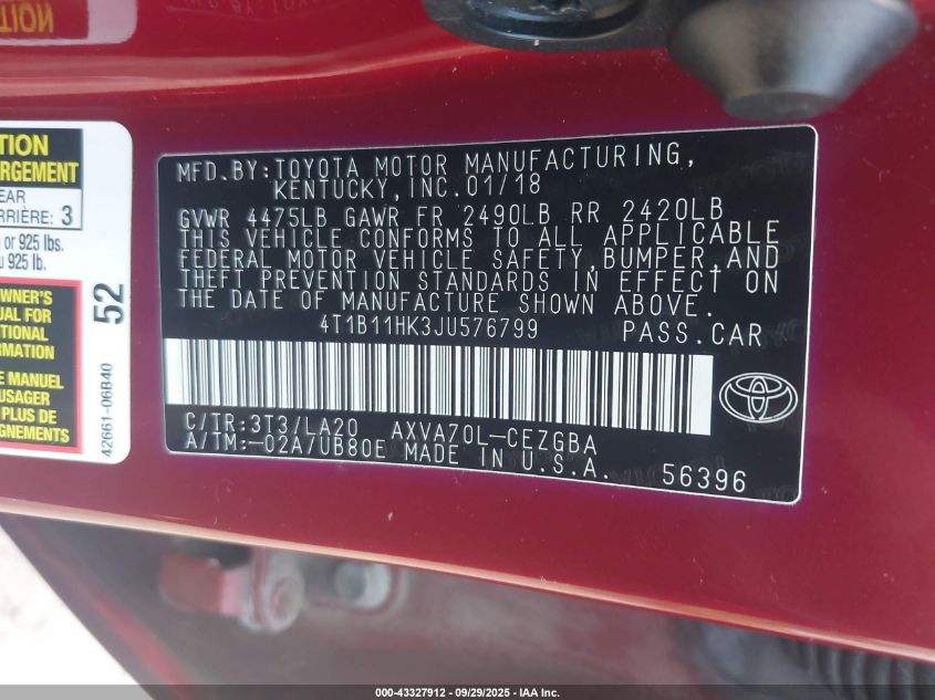 2018 Toyota Camry Xle VIN: 4T1B11HK3JU576799 Lot: 43327912