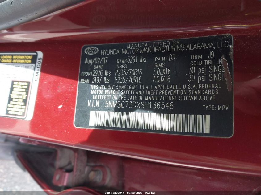 2008 Hyundai Santa Fe Gls VIN: 5NMSG73DX8H136546 Lot: 43327914