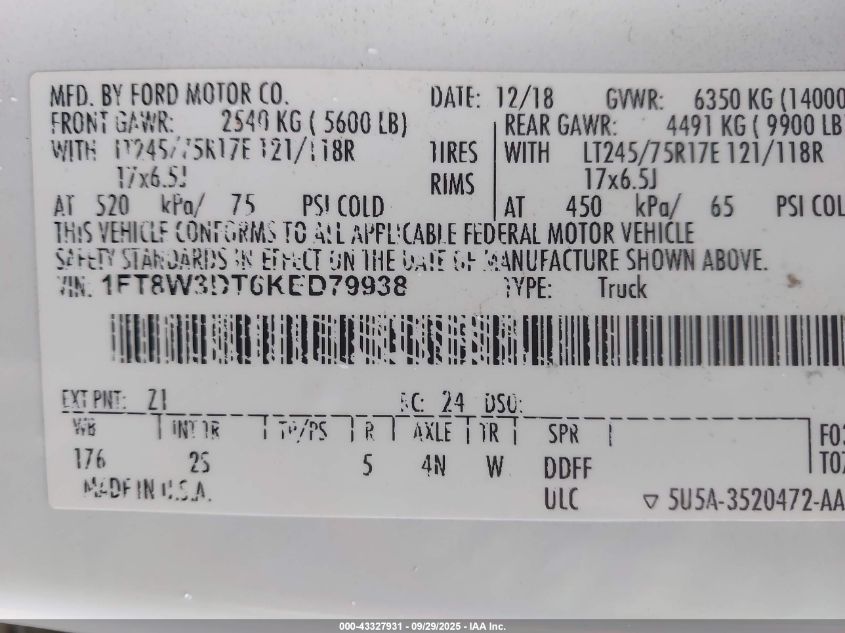 2019 Ford F-350 Xlt VIN: 1FT8W3DT6KED79938 Lot: 43327931