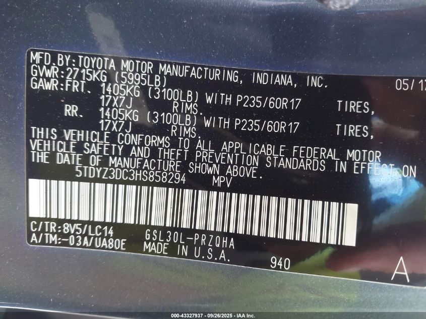 2017 Toyota Sienna Xle 8 Passenger VIN: 5TDYZ3DC3HS858294 Lot: 43327937