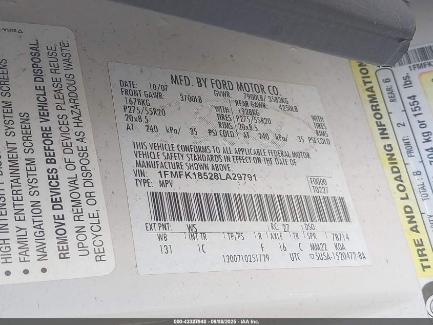 2008 Ford Expedition El Eddie Bauer VIN: 1FMFK18528LA29791 Lot: 43327940