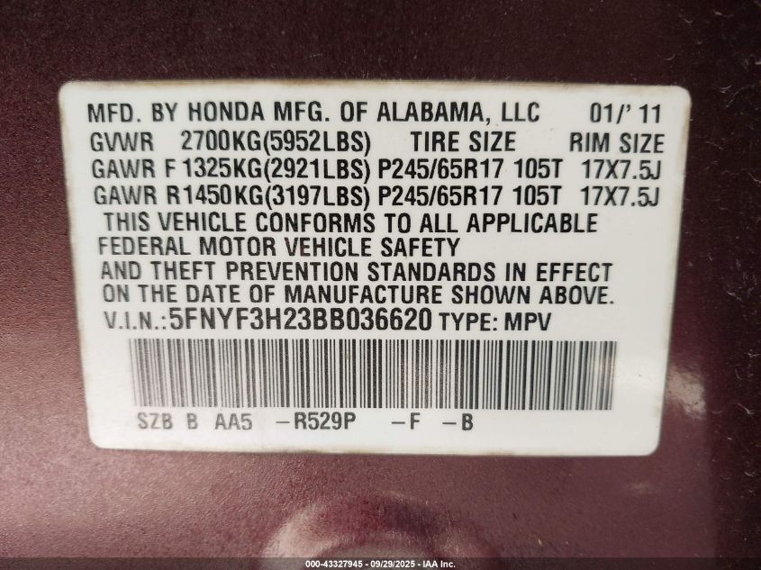 2011 Honda Pilot Lx VIN: 5FNYF3H23BB036620 Lot: 43327945