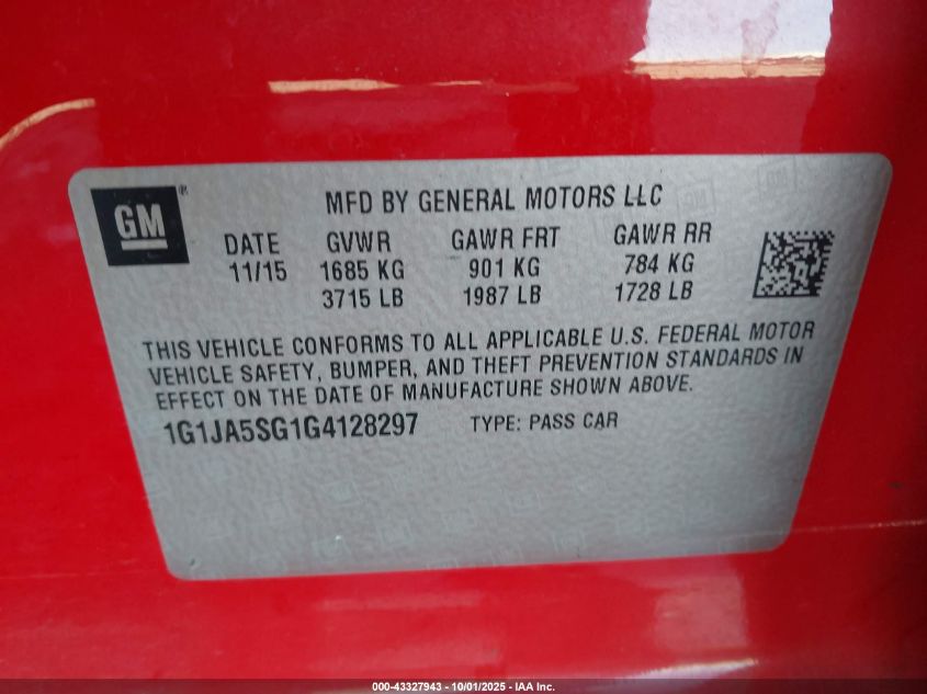 2016 Chevrolet Sonic Ls Auto VIN: 01G1JA5SG1G412829 Lot: 43327943