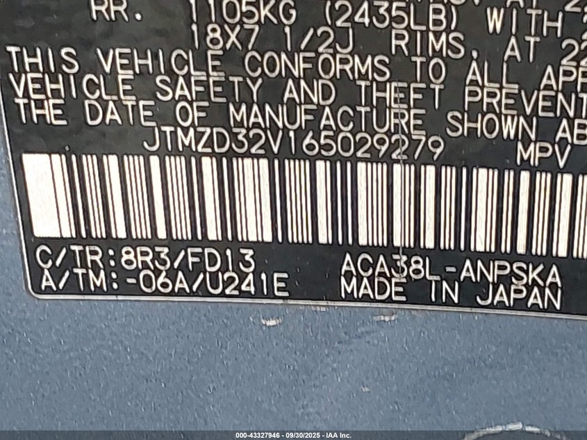 2006 Toyota Rav4 Sport VIN: JTMZD32V165029279 Lot: 43327946