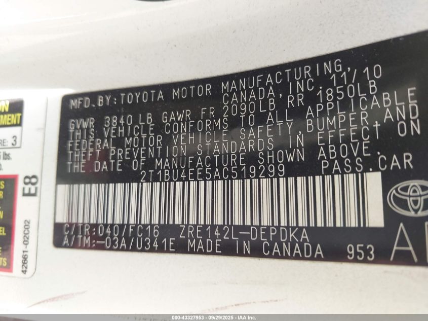 2010 Toyota Corolla Le VIN: 2T1BU4EE5AC519299 Lot: 43327953