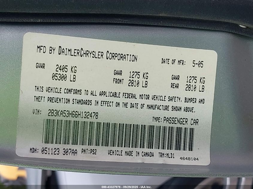 2006 Dodge Charger Rt VIN: 2B3KA53H66H132478 Lot: 43327976