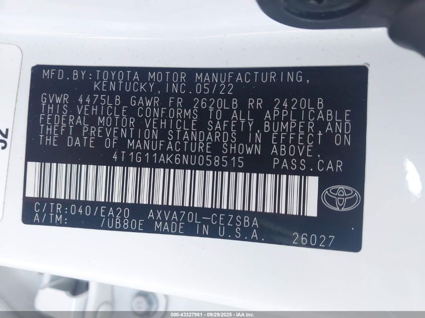 2022 Toyota Camry Se VIN: 4T1G11AK6NU058515 Lot: 43327981