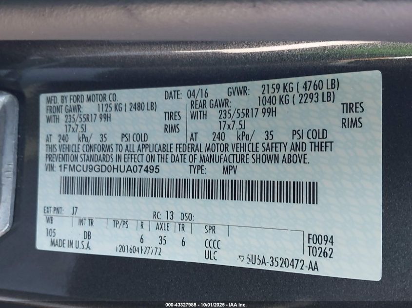 2017 Ford Escape Se VIN: 1FMCU9GD0HUA07495 Lot: 43327985