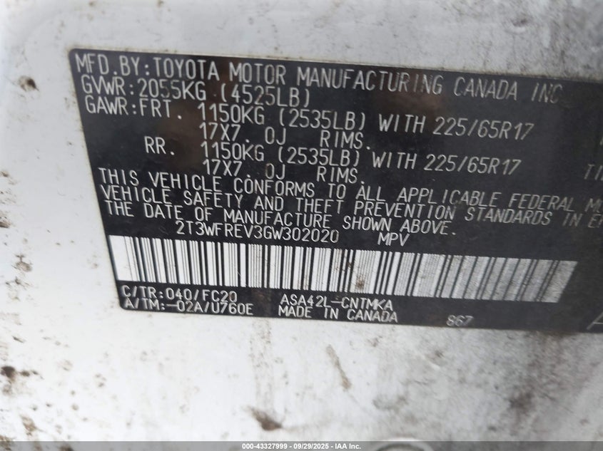 2016 Toyota Rav4 Xle VIN: 2T3WFREV3GW302020 Lot: 43327999