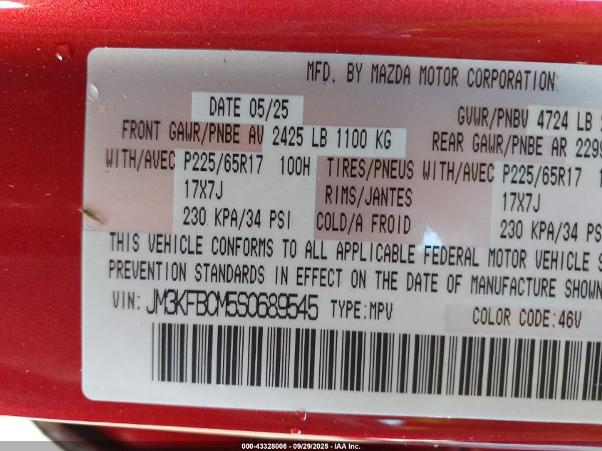 2025 Mazda Cx-5 2.5 S Preferred VIN: JM3KFBCM5S0689545 Lot: 43328006