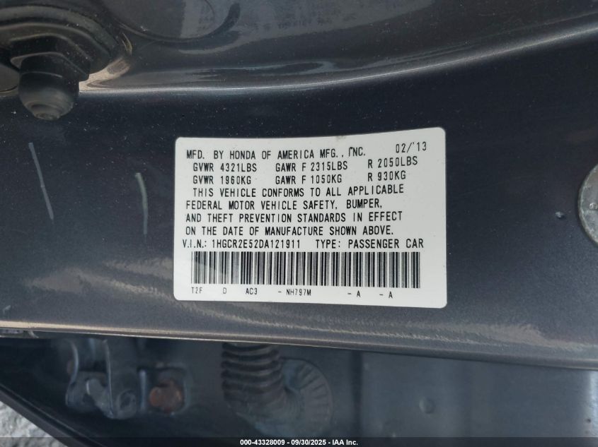 2013 Honda Accord Sdn Sport VIN: 1HGCR2E52DA121911 Lot: 43328009