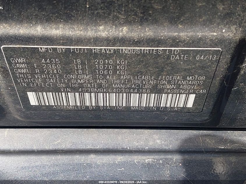 2013 Subaru Legacy 2.5I Limited VIN: 4S3BMBK64D3044386 Lot: 43328010