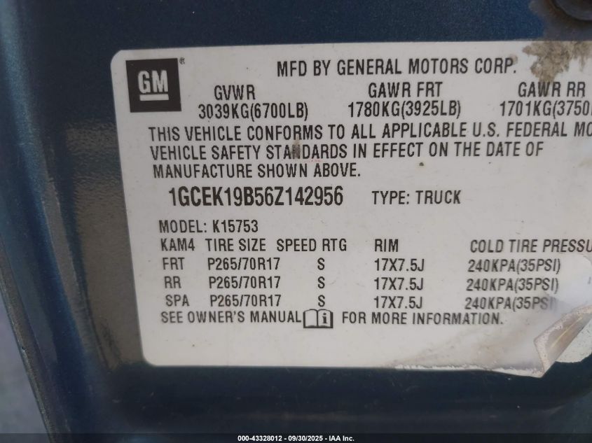 2006 Chevrolet Silverado 1500 Lt1 VIN: 1GCEK19B56Z142956 Lot: 43328012