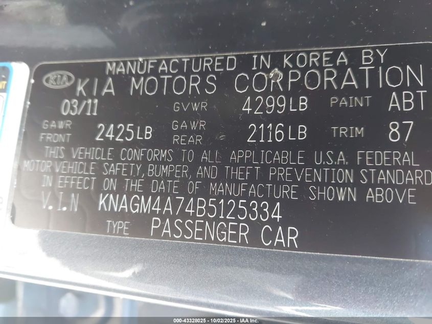 2011 Kia Optima Lx VIN: KNAGM4A74B5125334 Lot: 43328025