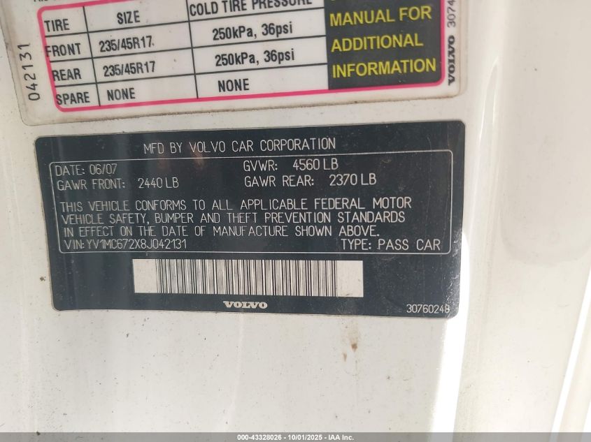 2008 Volvo C70 T5 VIN: YV1MC672X8J042131 Lot: 43328026
