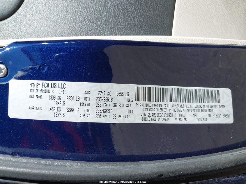 2018 Chrysler Pacifica Touring L Plus VIN: 2C4RC1EG6JR189111 Lot: 43328043