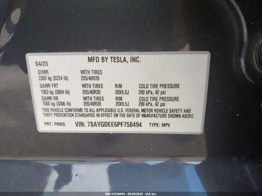 2023 Tesla Model Y Awd/Long Range Dual Motor All-Wheel Drive VIN: 7SAYGDEE6PF750494 Lot: 43328054