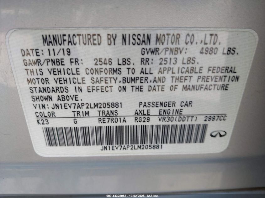 2020 Infiniti Q50 Luxe VIN: JN1EV7AP2LM205881 Lot: 43328055