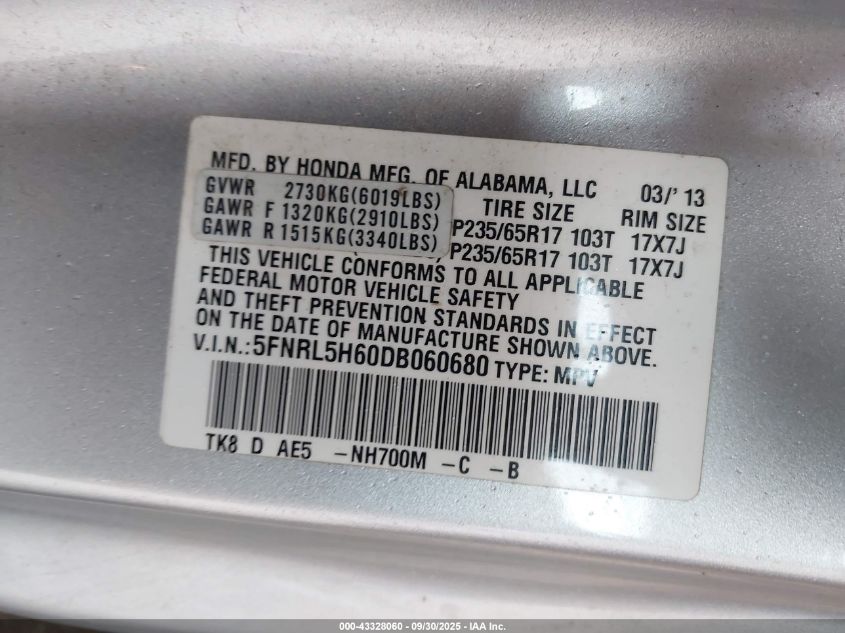 2013 Honda Odyssey Ex-L VIN: 5FNRL5H60DB060680 Lot: 43328060