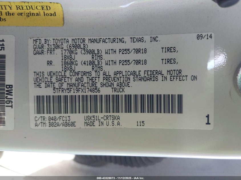 2015 Toyota Tundra Sr5 5.7L V8 VIN: 5TFRY5F19FX174856 Lot: 43328073