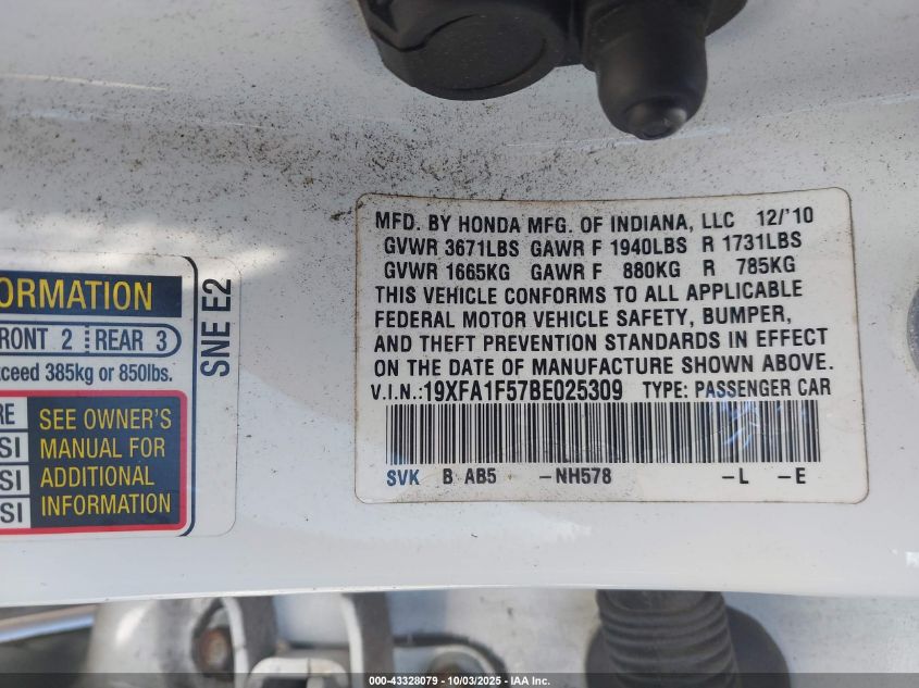 2011 Honda Civic Lx VIN: 19XFA1F57BE025309 Lot: 43328079