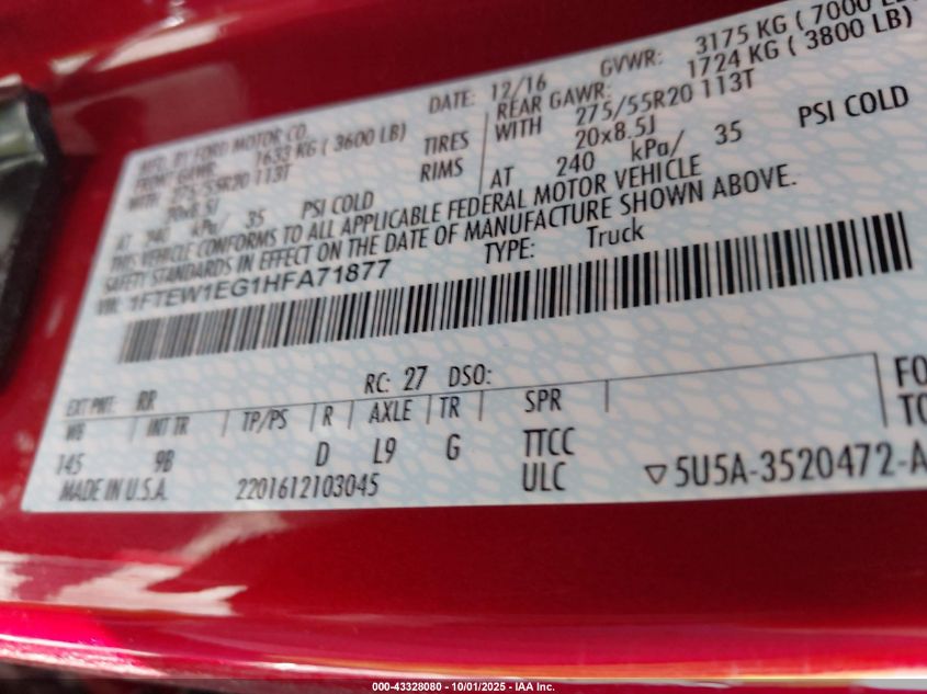 2017 Ford F-150 Platinum VIN: 1FTEW1EG1HFA71877 Lot: 43328080