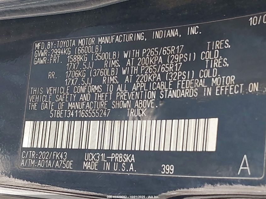 2006 Toyota Tundra Sr5 V8 VIN: 5TBET34116S555247 Lot: 43328082