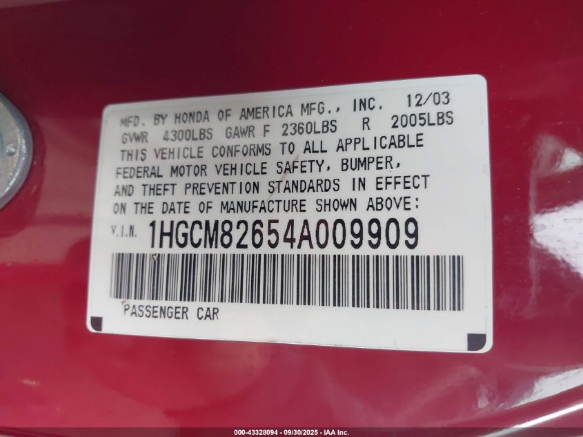 2004 Honda Accord 3.0 Ex VIN: 1HGCM82654A009909 Lot: 43328094