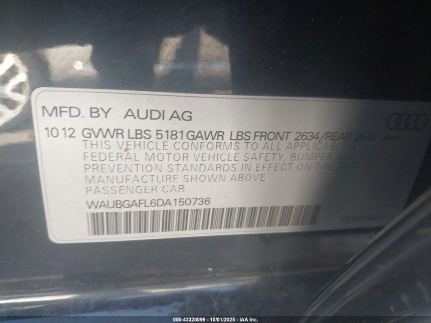 2013 Audi S4 3.0T Premium Plus VIN: WAUBGAFL6DA150736 Lot: 43328099