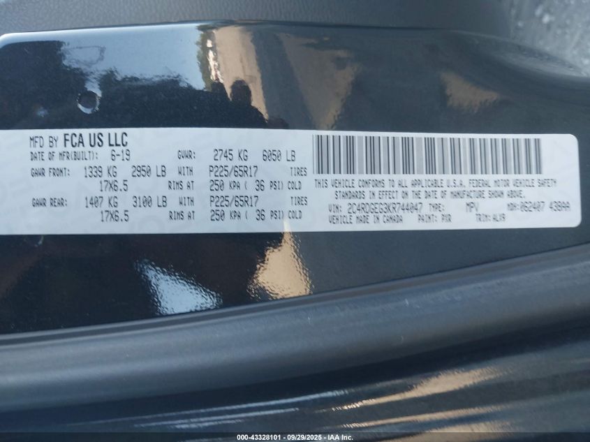 2019 Dodge Grand Caravan Gt VIN: 2C4RDGEG3KR744047 Lot: 43328101