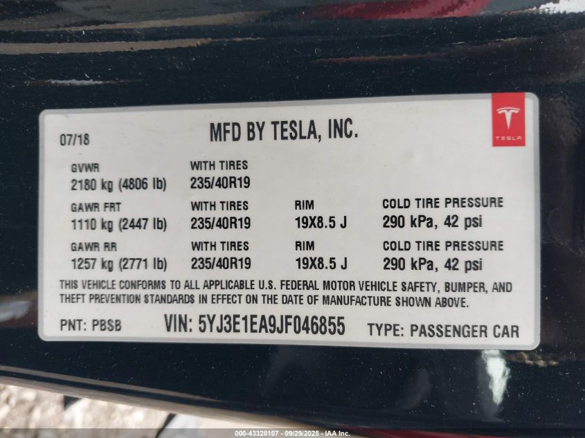 2018 Tesla Model 3 Long Range/Mid Range VIN: 5YJ3E1EA9JF046855 Lot: 43328107