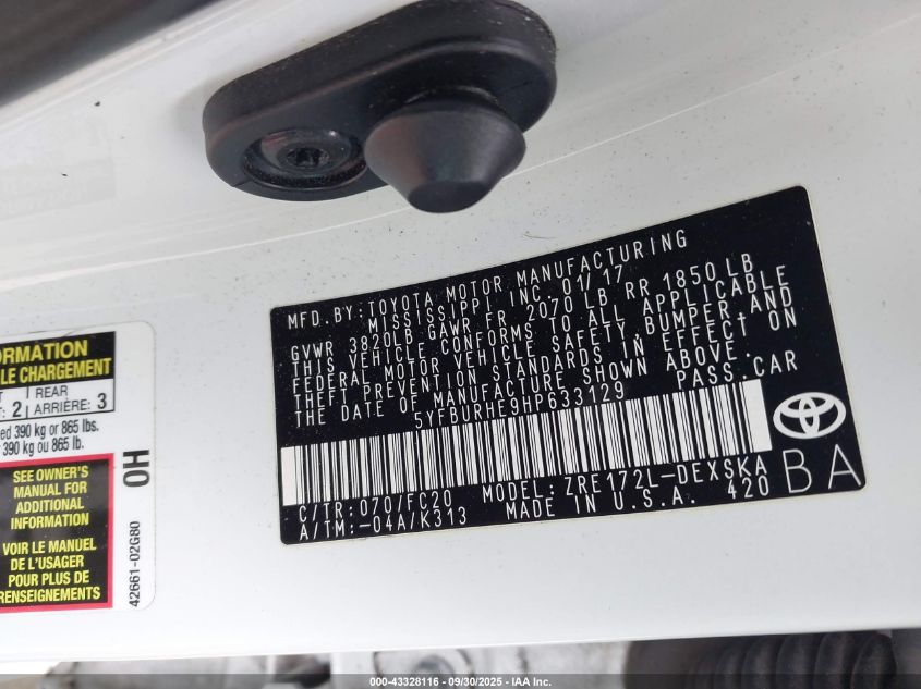 2017 Toyota Corolla Se VIN: 5YFBURHE9HP633129 Lot: 43328116