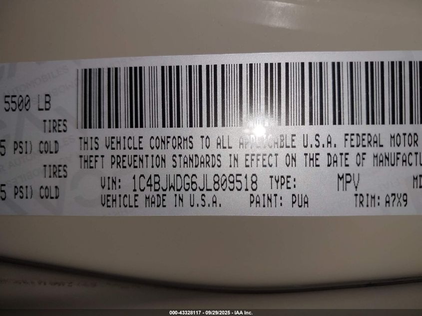 2018 Jeep Wrangler Jk Unlimited Sport 4X4 VIN: 1C4BJWDG6JL809518 Lot: 43328117