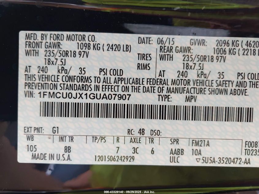 2016 Ford Escape Titanium VIN: 1FMCU0JX1GUA07907 Lot: 43328140