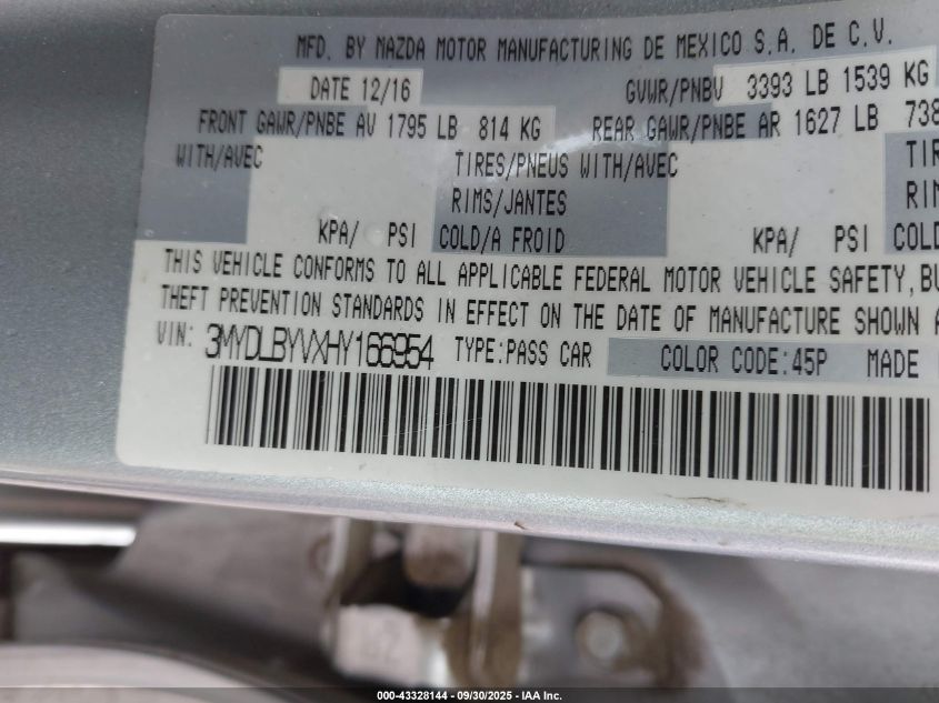 2017 Toyota Yaris Ia VIN: 3MYDLBYVXHY166954 Lot: 43328144