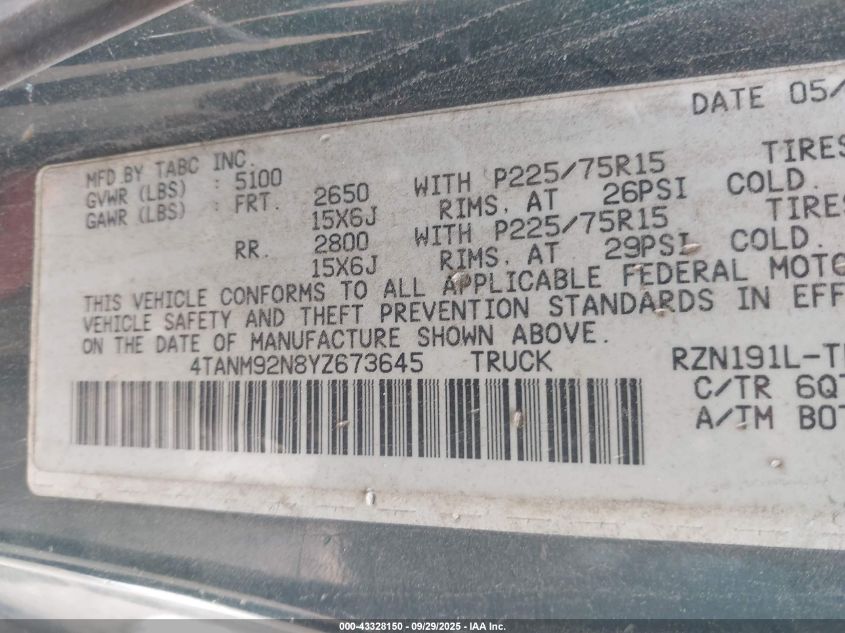 2000 Toyota Tacoma Prerunner VIN: 4TANM92N8YZ673645 Lot: 43328150