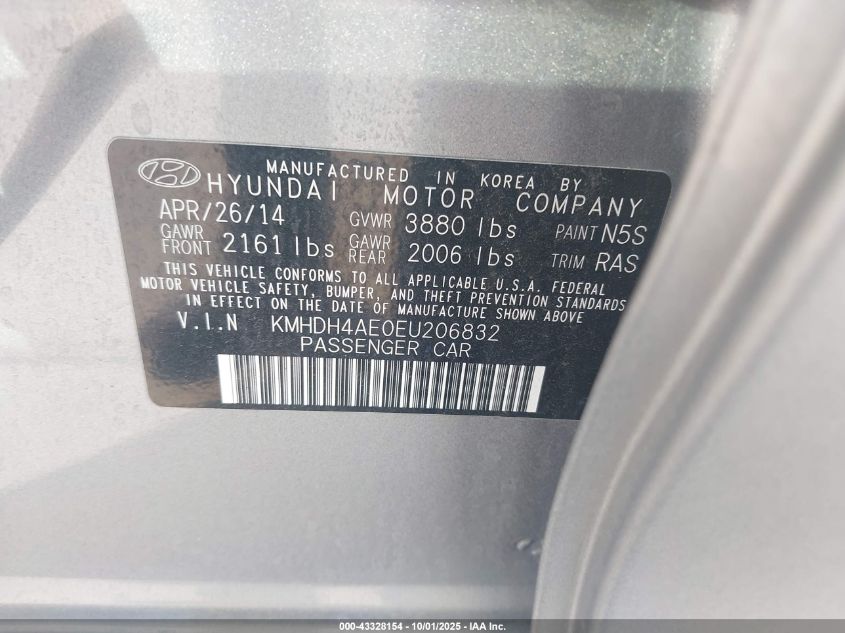 2014 Hyundai Elantra Se (Ulsan Plant) VIN: KMHDH4AE0EU206832 Lot: 43328154