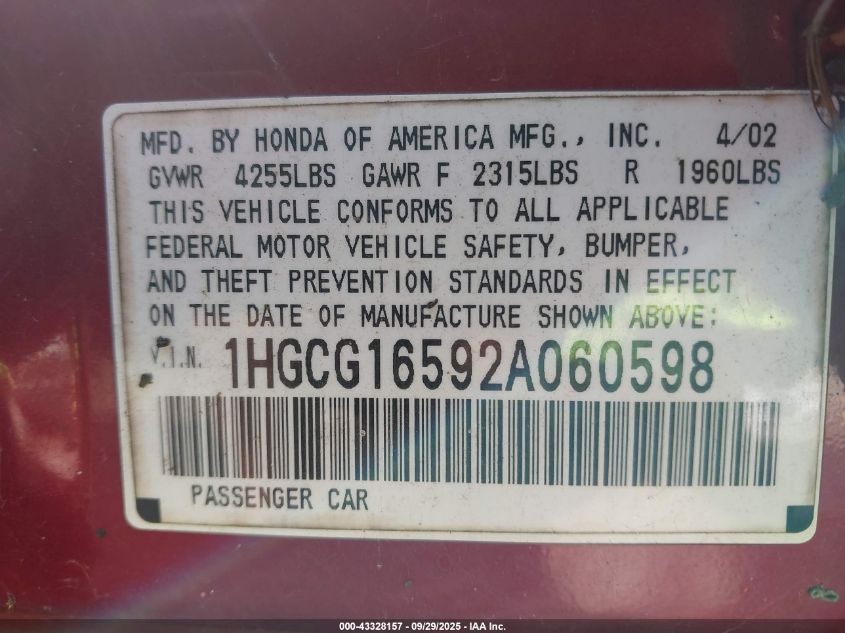 2002 Honda Accord 3.0 Ex VIN: 1HGCG16592A060598 Lot: 43328157