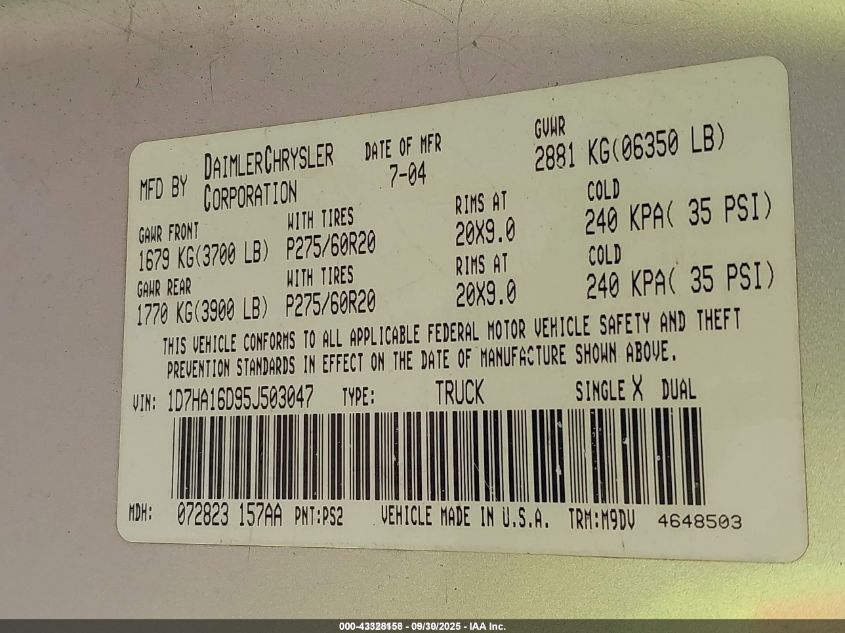 2005 Dodge Ram 1500 Slt/Laramie VIN: 1D7HA16D95J503047 Lot: 43328158