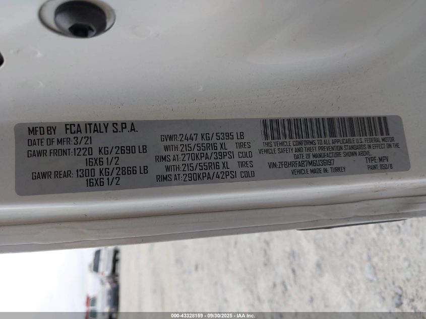 2021 Ram Promaster City Tradesman VIN: ZFBHRFAB7M6U36197 Lot: 43328159